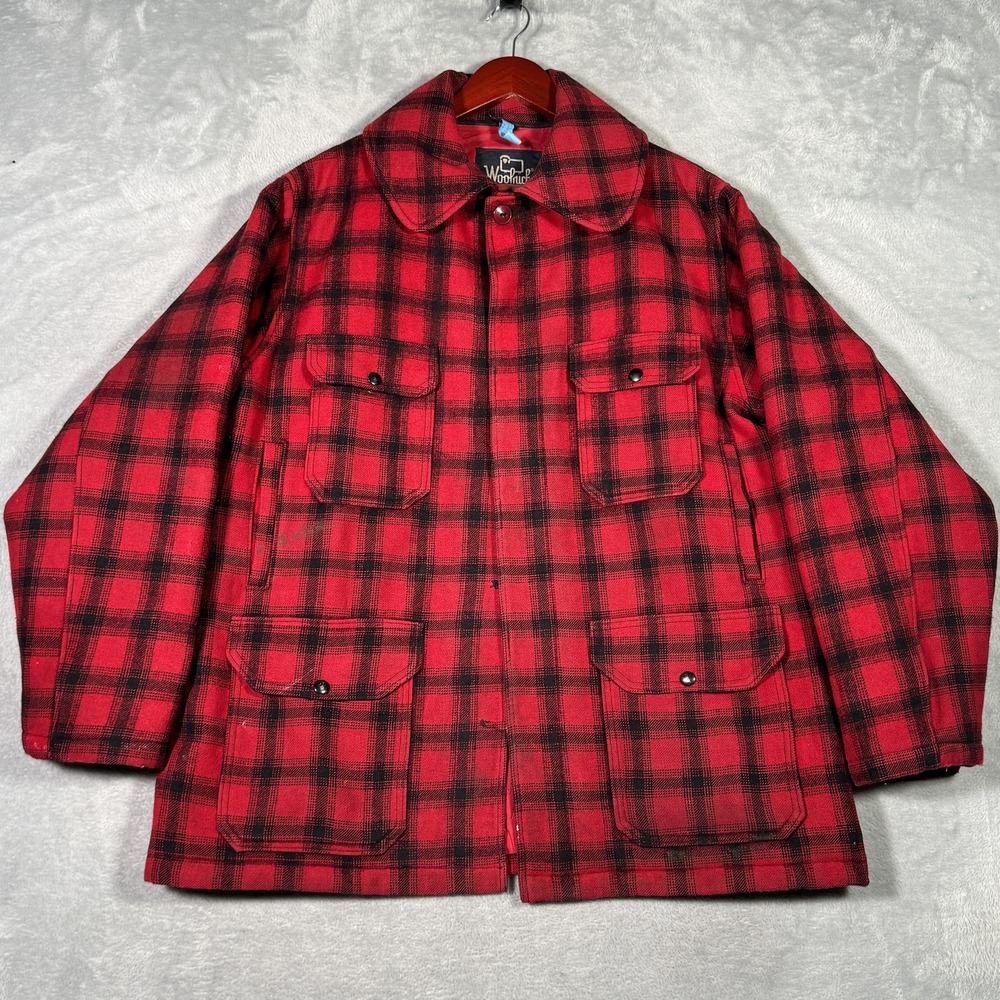 Vintage Woolrich Coat Mens 46 Red Plaid Wool Mackinaw 523 Hunting USA‎ *FLAWS